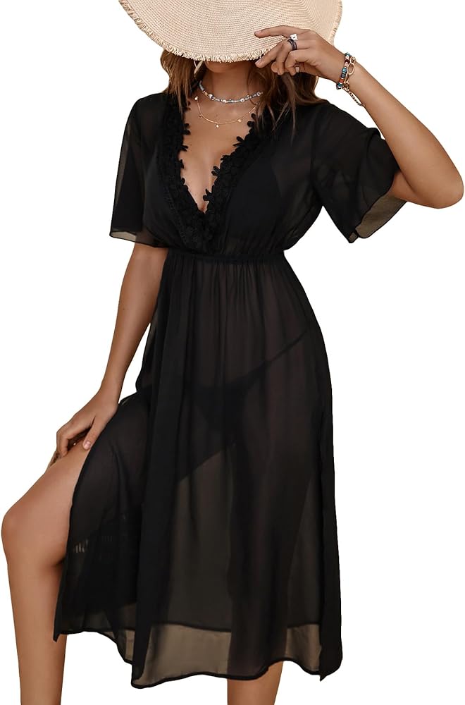 Verdusa Women's Split Side Sheer Chiffon Deep V Neck Swimsuit Beach Cover Up Dress