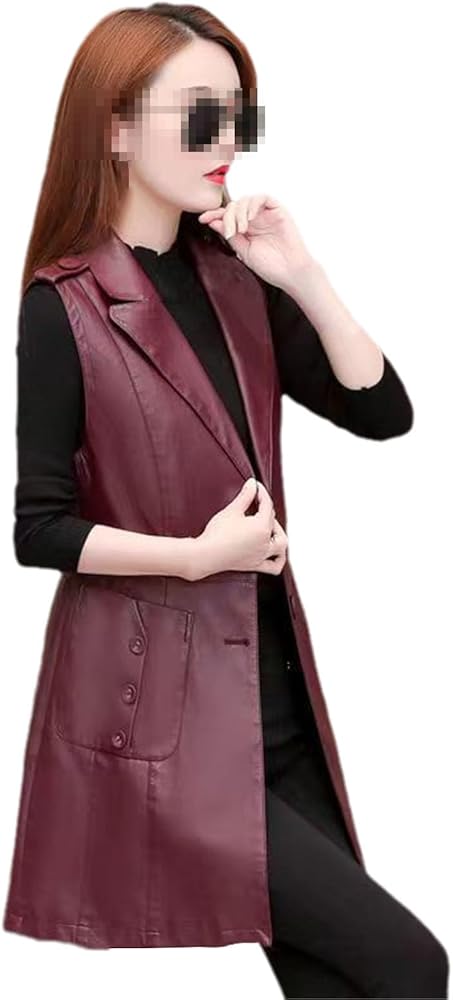 Women's Faux Leather Vest PU Jacket Sleeveless Vest Mid Long Coat Waistcoat Outerwear