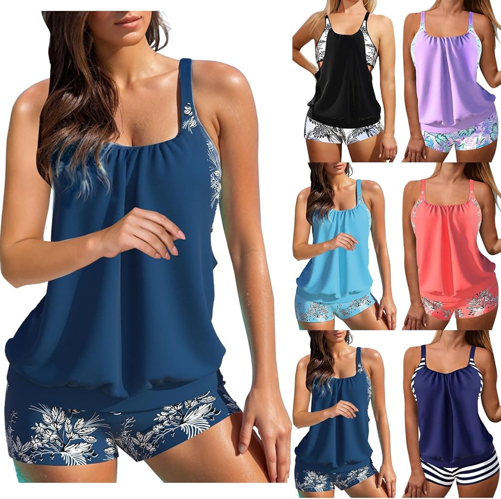 Swimsuit for Women 2024 Blouson Tankini Top with Boy Shorts Athletic Two Piece Bathing Suit Flowy Summer Swimwear