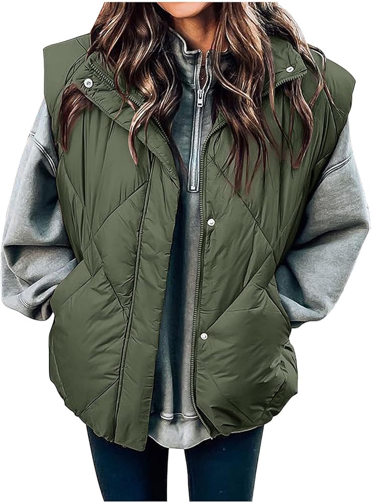 Women's Puffer Vest Tops Winter Warm Sleeveless Full Zip Up Quilted Coat Stand Collar Gilet Jacket Coat With Pockets