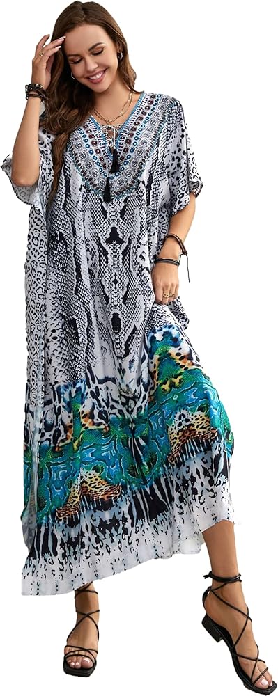 caftans for women plus siz Snake ethnic Kaftan dress Black Swim Suit Cover ups Half Sleeve Vneck Kaftans Side Split caftan loungewear for women lightweight Bathing Suit Cover ups (LS-21083-7)