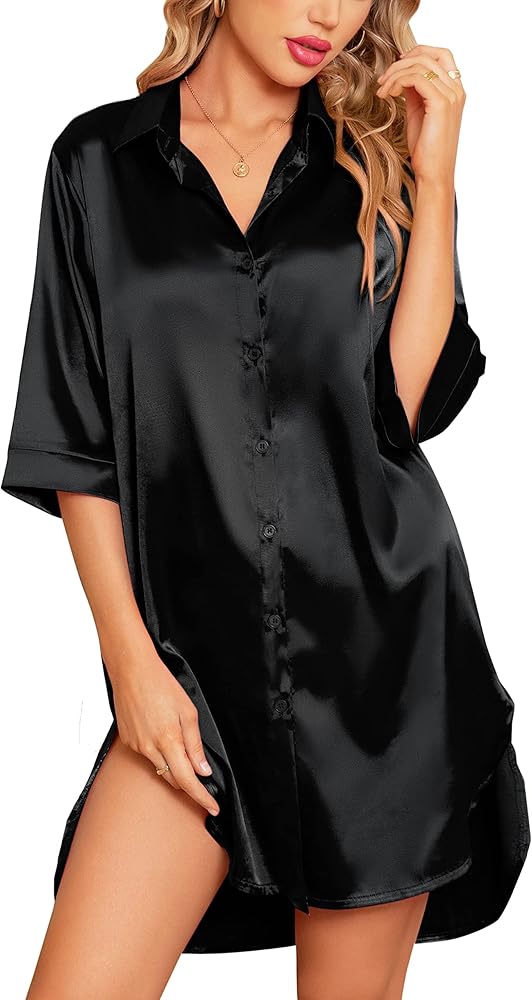 Samring Women's Silk Nightgown 3/4 Sleeve Nightshirt Button Down Sleepshirt Satin Night Gowns for Women Sleepwear