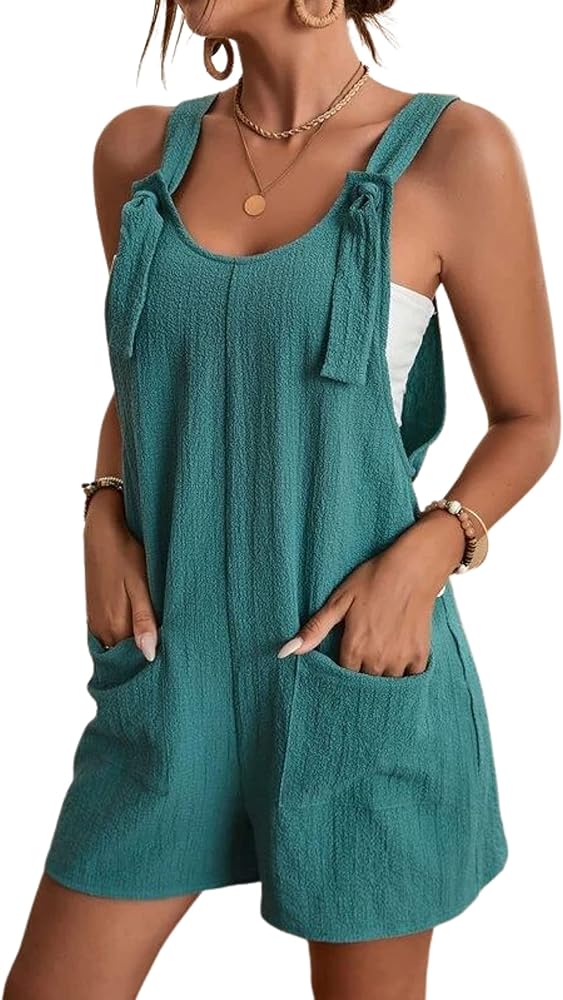 Womens Knot Short Overalls Romper Sleeveless Jumpsuit Shorts with Pockets