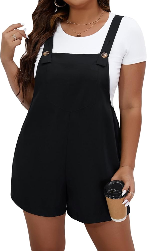 WDIRARA Women's Plus Size Casual Button Romper Shorts Overall Jumpsuits with Pockets