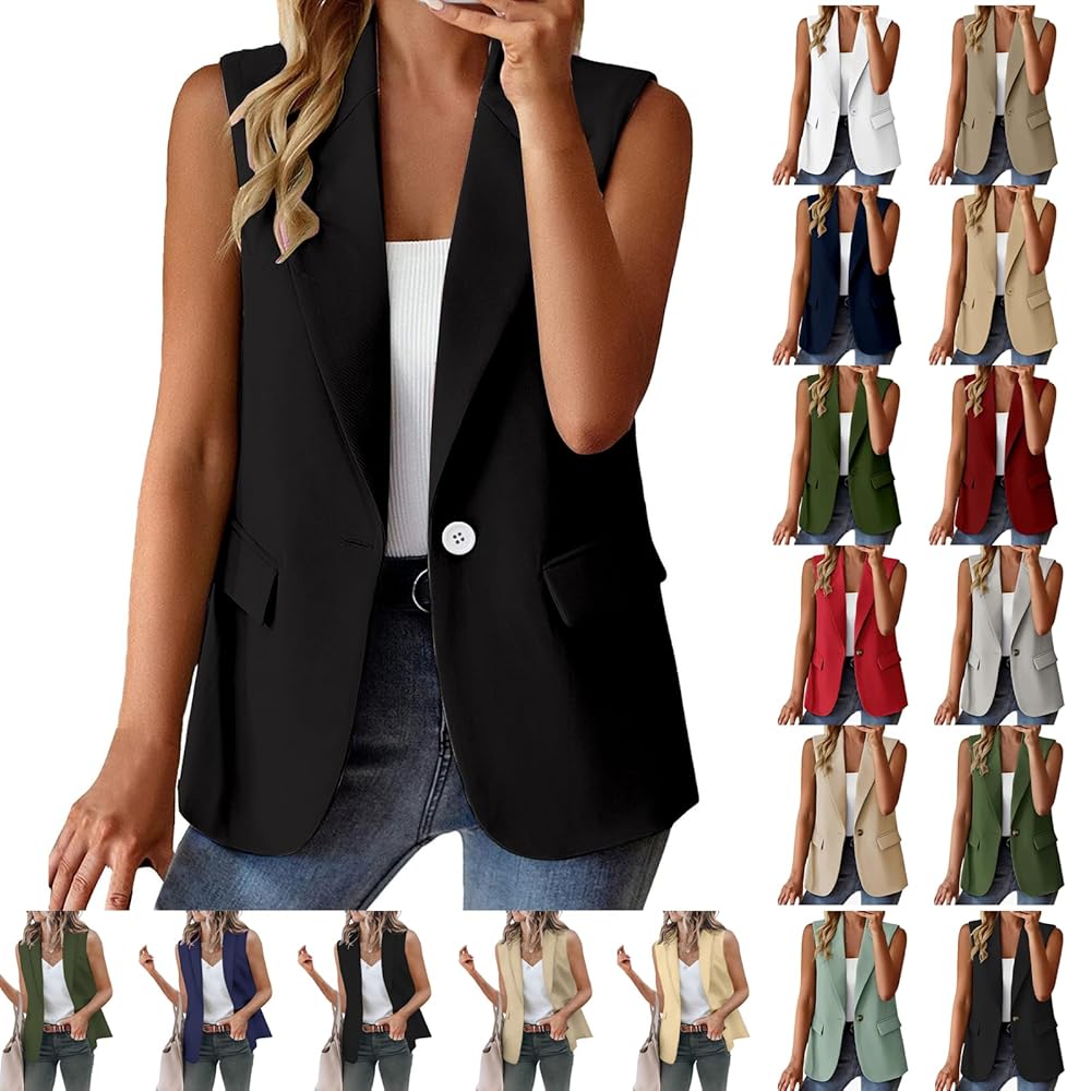 Women's Sleeveless Blazer Jackets Vest Cardigan Vests Casual Office Open Front Trendy Lapel Coat Jacket with Pockets