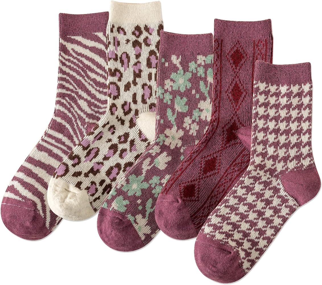 IIG 5 Pairs Womens Pretty Vintage Wool Socks Unique Print Design Soft Cozy Warm Crew Socks Christmas Gift