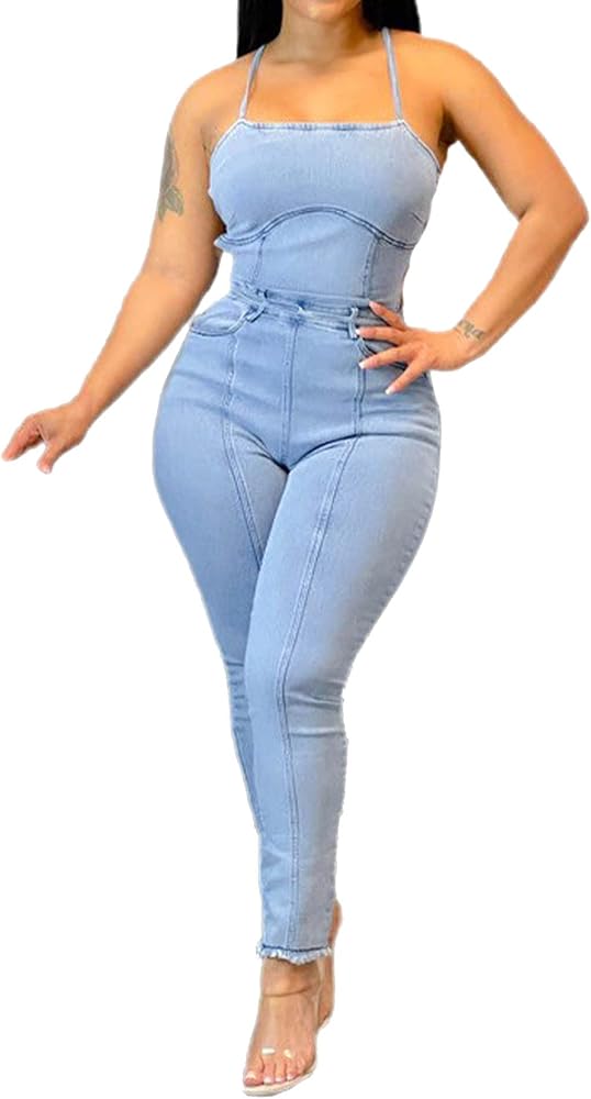 Sexyshine Women's Halter Lace Up Backless Casual Wide Leg Blue Denim Long Jumpsuit Playsuit Rompers With Belt