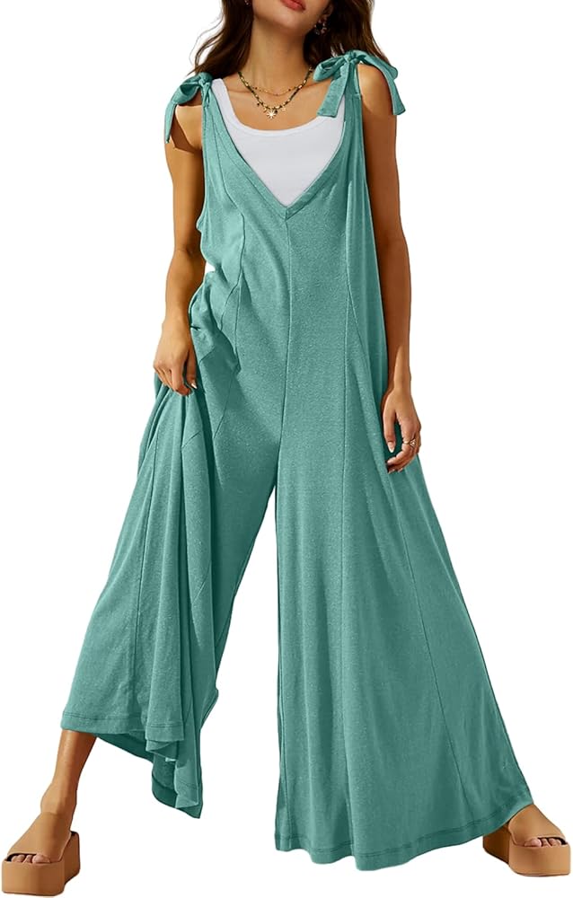 DEEP SELF Women's Summer Causal Jumpsuits Sleeveless Wide Leg Long Rompers V Neck Tie Strap Loose Baggy Overalls with Pockets