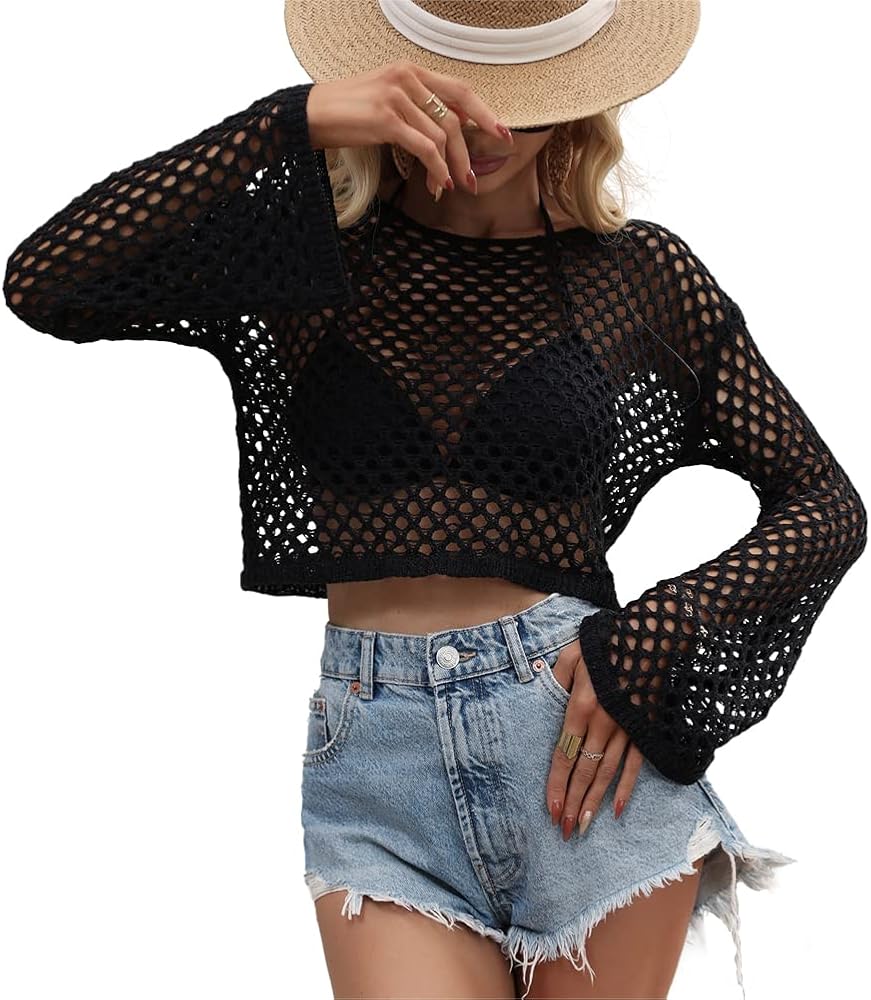 Women's Crochet Cover Ups Hollow Out Long Sleeve Sexy Sweater Crop Tops Summer Beach Swimsuit Mesh Cover Up