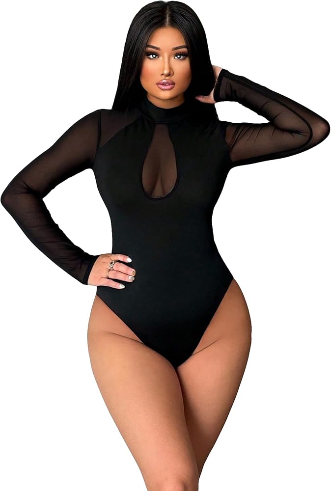 SweatyRocks Women's Sheer Mesh Mock Neck Bodysuit Long Sleeve Club Jumpsuit Top