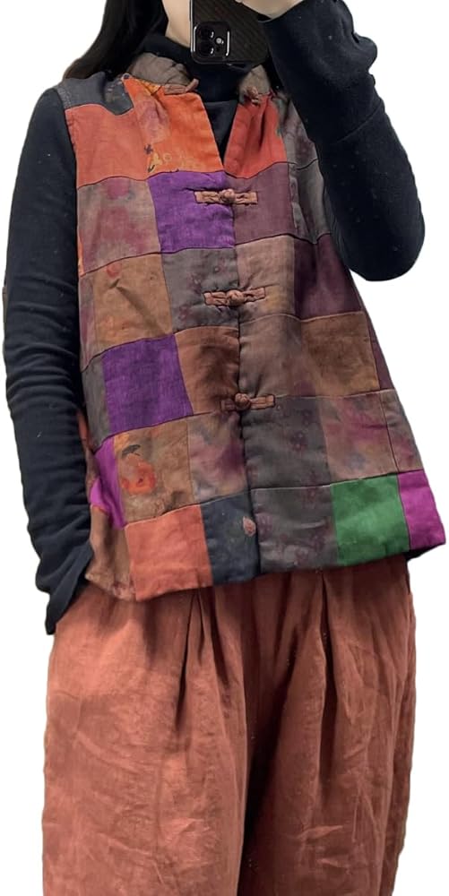 Women's Coat Many Color Patchwork Vest Open Front Frog Buttons Boho Floral Quilted Gilet Jacket