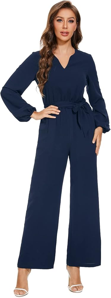 SUGAR POISON Romper for Women Long Sleeve High Waist Belted Long wide Pants Back Zipper Jumpsuit Playsuit