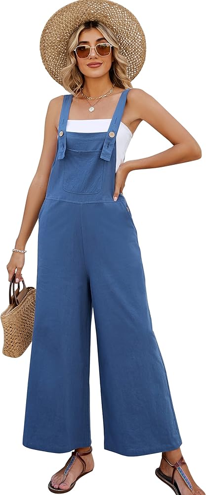 Flygo Women's Cotton Linen Bib Overalls Loose Fit Wide Leg Jumpsuits Straps Baggy Rompers Summer Casual