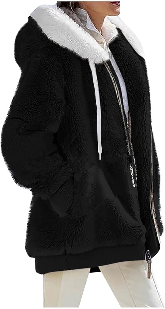 Womens 2023 Winter Solid Fuzzy Open Front Fleece Hooded Cardigans Sherpa Jacket Coats Outerwear with Pocket