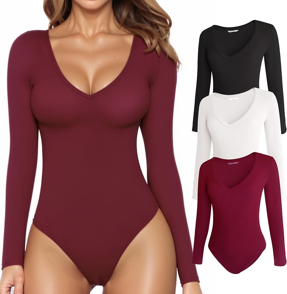 MANGOPOP Deep V Neck Bodysuit for Women Long Sleeve Tops