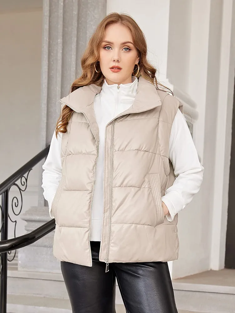 Plus Size Womens Jackets Plus Zip Up Hooded Puffer Vest Coat Plus Size Jackets (Color : Beige, Size : X-Large)