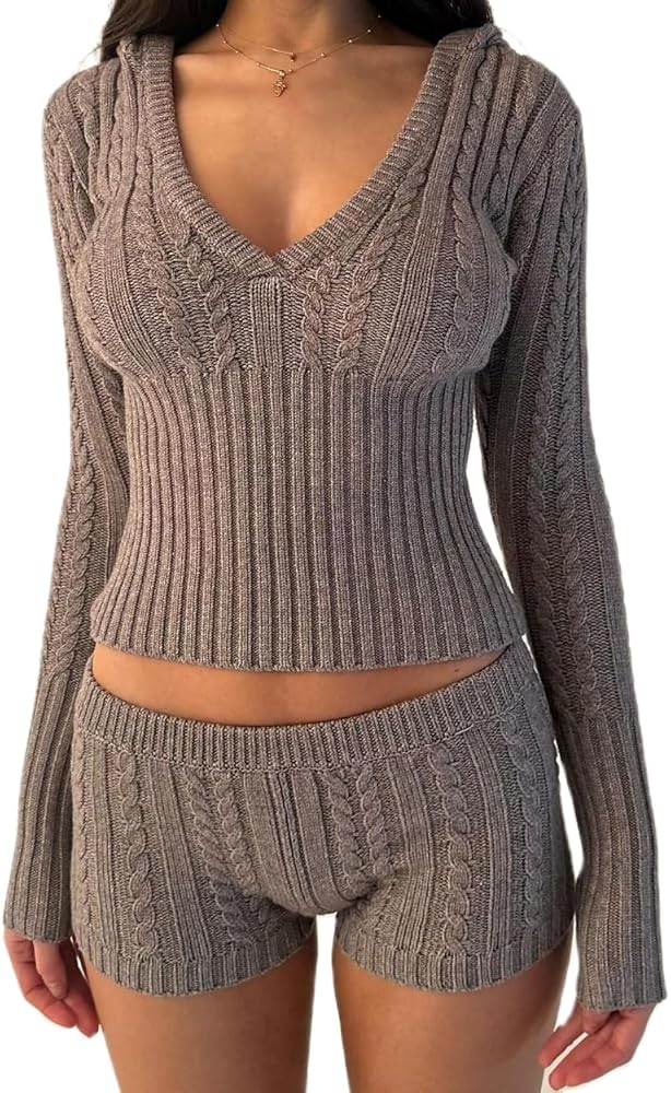 NUFIWI Women Ribbed Knit 2 Piece Outfits Set Long Sleeve V Neck Hoodie Tops and High Waist Skinny Shorts Set Loungwear