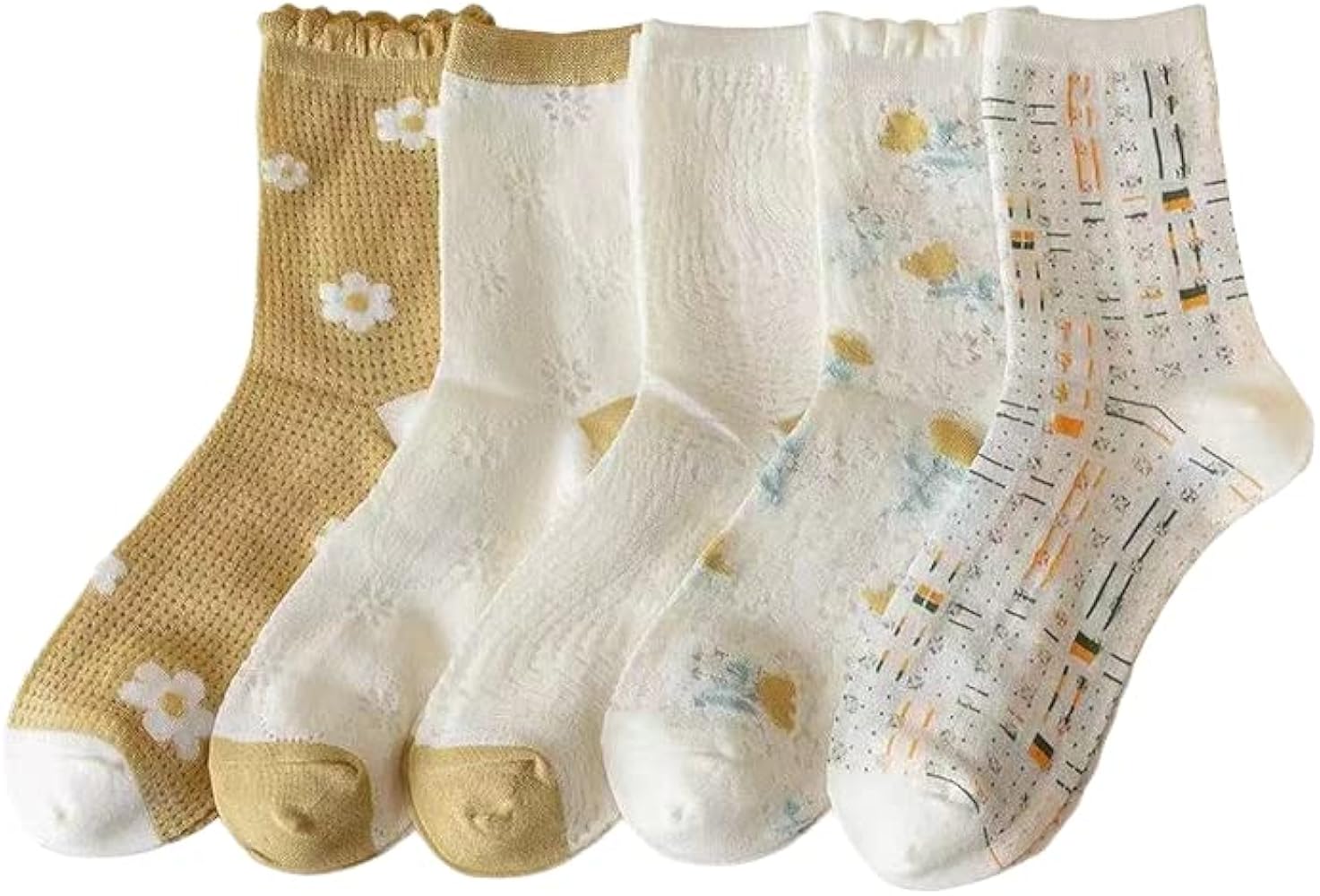 5/10 Pairs Cute Casual Cotton Socks For Women Floral Patterned Design Mesh Breathable Crew Socks