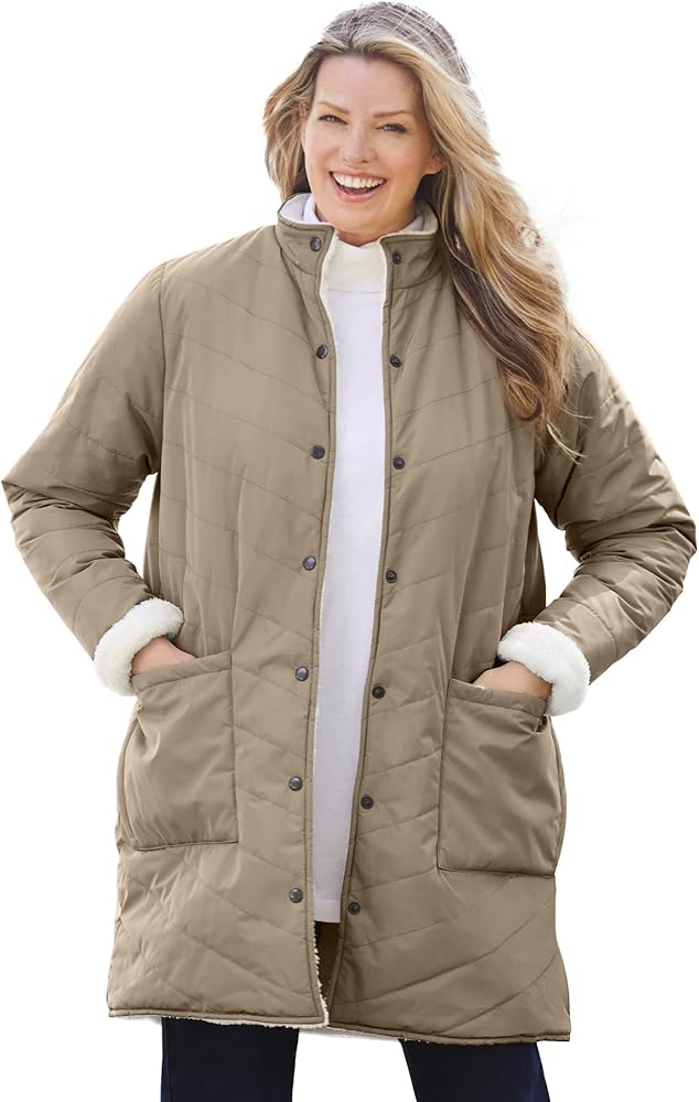 Woman Within Women's Plus Size Reversible Puffer And Fleece Coat