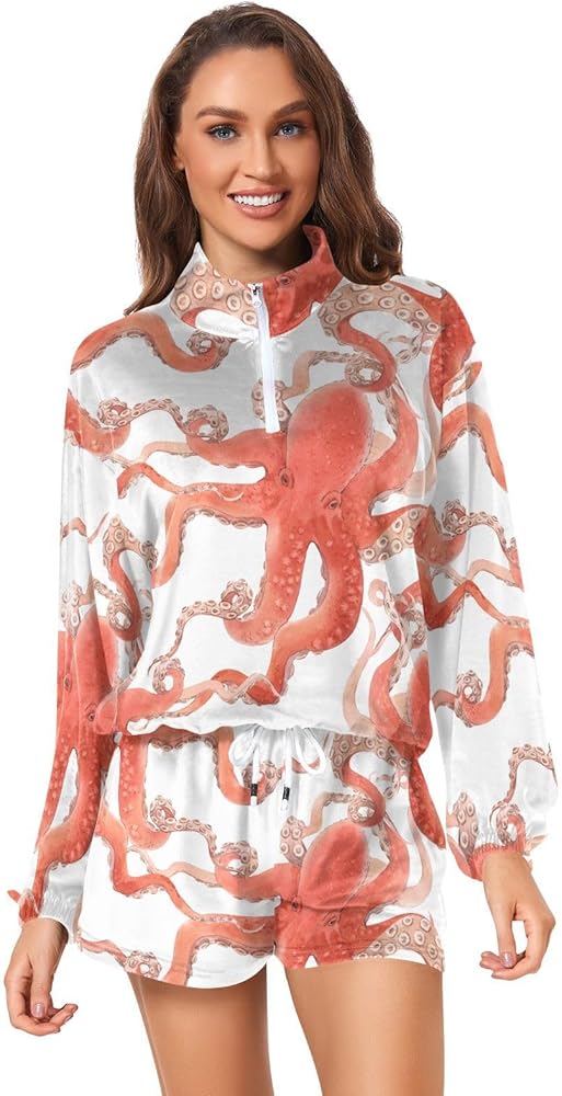 Women 2 Piece Outfit Sweatshirt Lounge Shorts Set Red Octopus Print