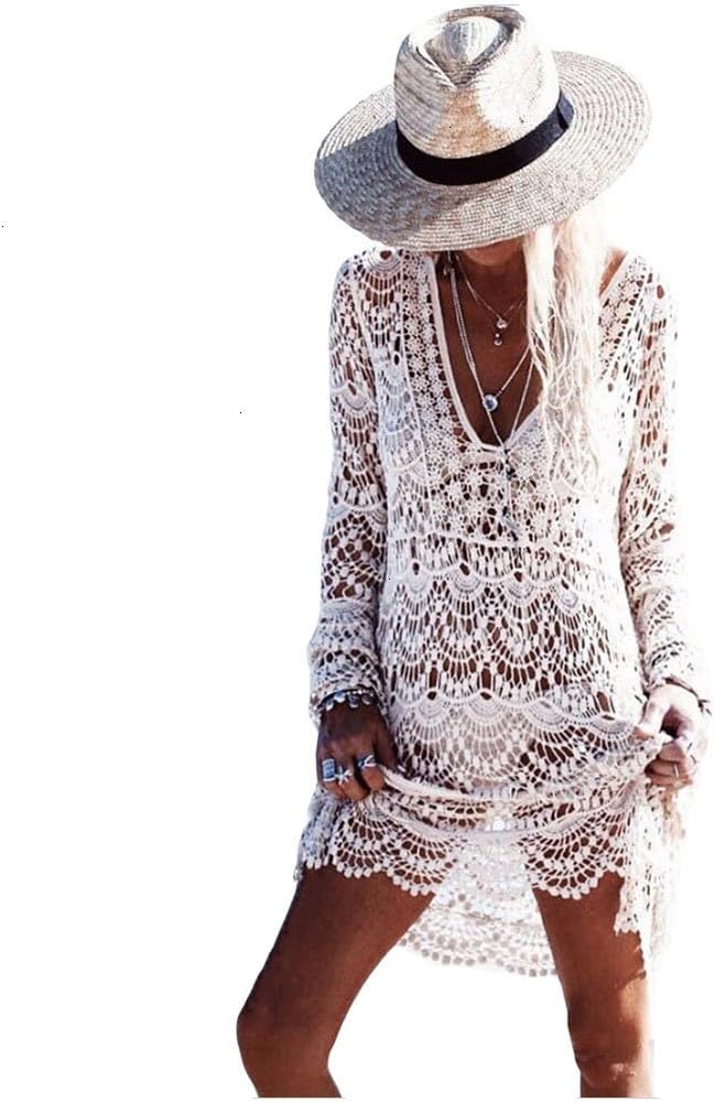 Womens Bathing Suit Cover Ups Crochet Lace Swimwear Swimsuit Beach Dress White