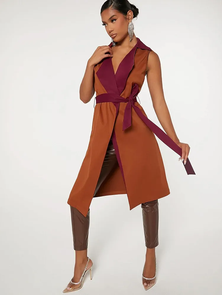 Jackets for Women - Contrast Lapel Collar Belted Vest Trench Coat (Color : Brown, Size : X-Small)