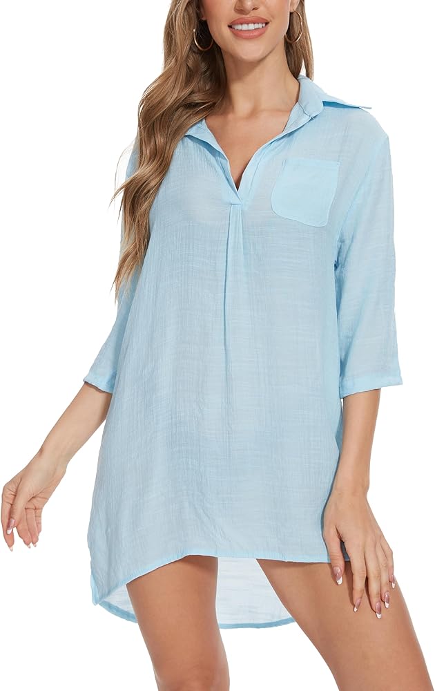 Womens Swimsuit Coverup Beach Bikini Swimwear Cover Up 3/4 Sleeve Shirt Dresses (Sky Blue,M)