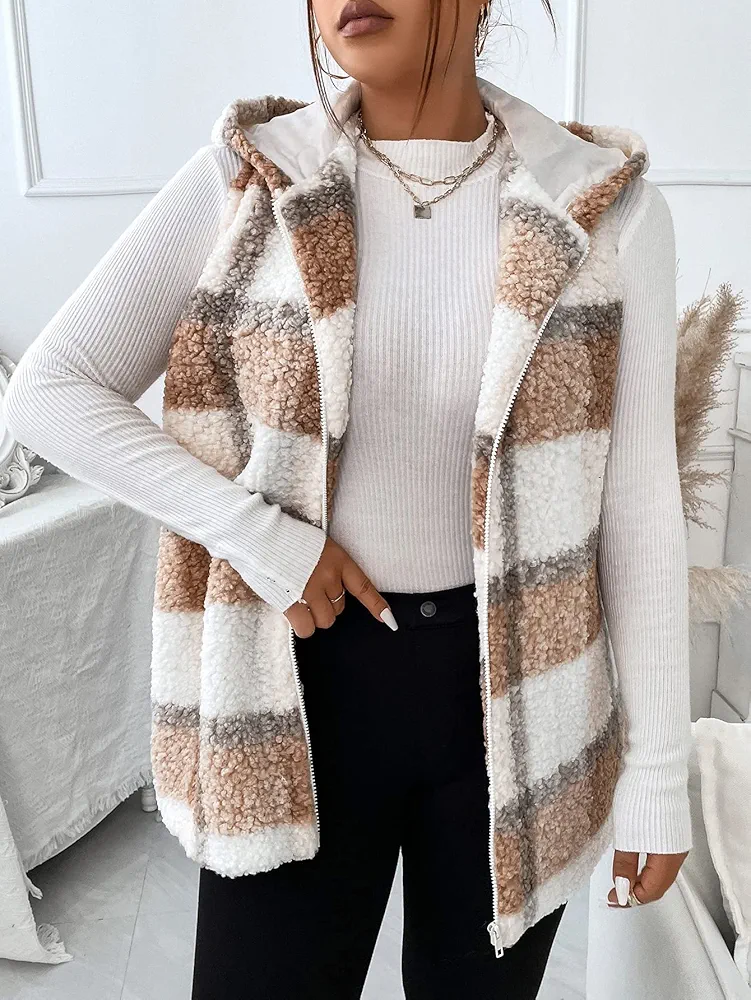 2022 Fashion Casual Ladies' Plus Size Jacket Plus Plaid Pattern Teddy Vest Coat Lovely Fashion Beautiful (Color : Multicolor, Size : 4X-Large)