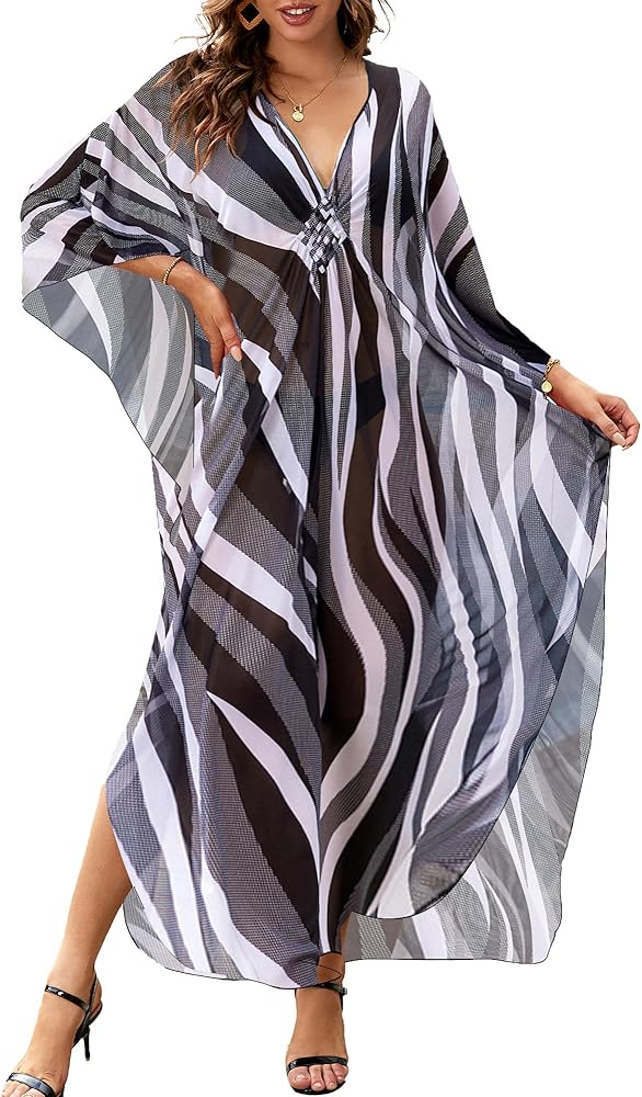 Bsubseach Kaftan Dresses for Women Mesh Beach Swimsuit Cover Up Batwing Sleeve Plus Size Caftan Cover Ups