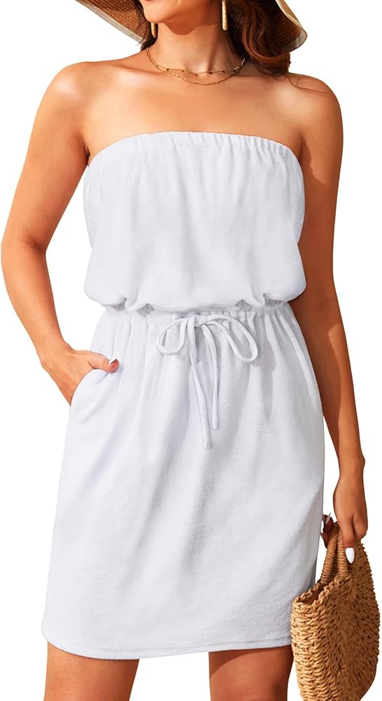 Pinup Fashion Swimsuit Cover Up Terry Cloth Strapless Dress Drawstring with Pockets