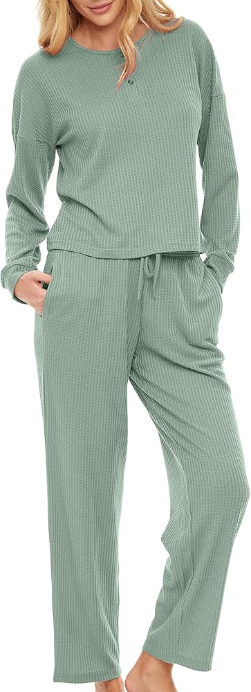 Alexander Del Rossa Women's Ribbed Waffle Rib Knit Henley Pajamas Lounge Set, Long Sleeve Top Pants with Pockets, Drawstring