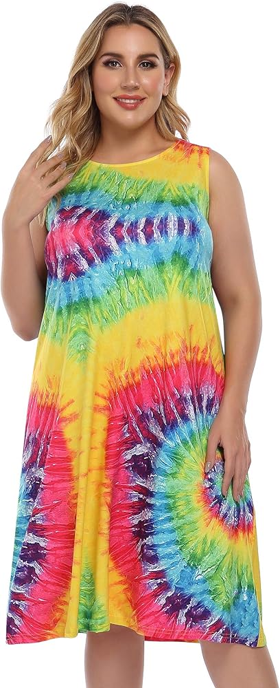 Womens Plus Size Summer Casual Tshirt Dresses Sleeveless Tie Dye Swing Sun Dress Beach Swimsuit Cover Ups