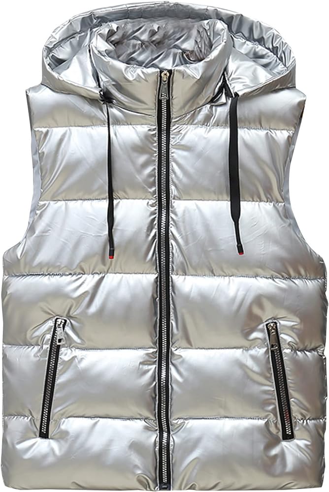 SHOPESSA Womens Shiny Puffer Vest Warm Down Jacket with Hood Womens Winter Coats Plus Size Fashion 2023 Outerwear