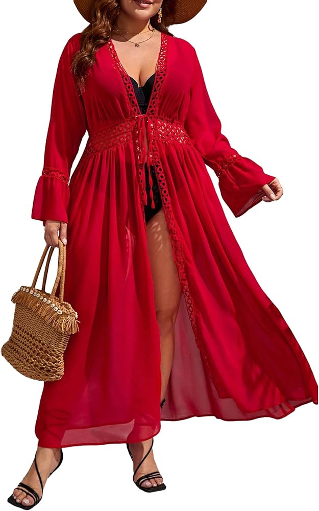 Floerns Women's Plus Size Long Sleeve Sheer Mesh Swimwear Kimono Cardigan