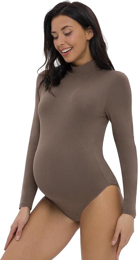 Foucome Women's Maternity Bodysuit Mock Turtle Neck Long Sleeve Tops Jumpsuit Pregnancy Stretchy Basic Body Suit Shirt