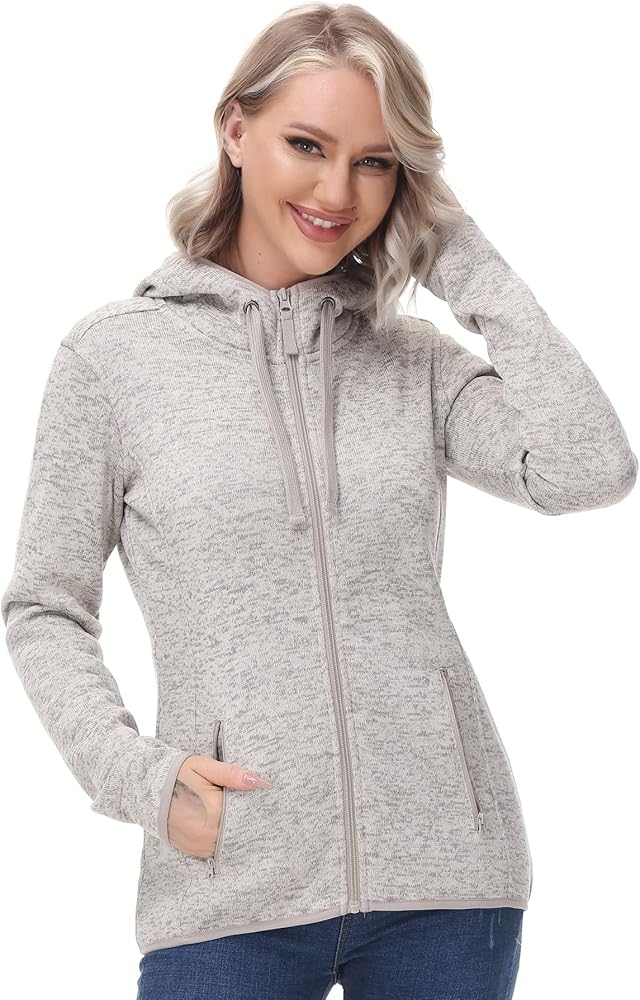 Women Zip Up Sweater Jacket with Fleece Interior, Warm Knitted Fleece Jacket with Pockets