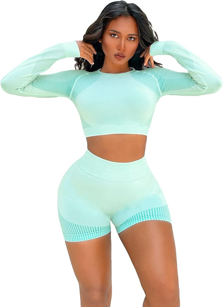 Floerns Women's 2 Piece Seamless Long Sleeve Crop Top and Shorts Sport Set Workout Yoga Outfits