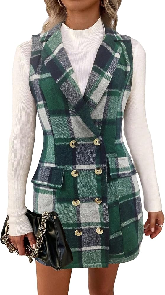 WDIRARA Women's Plaid Lapel Neck Sleeveless Button Front Vest Blazer Jacket