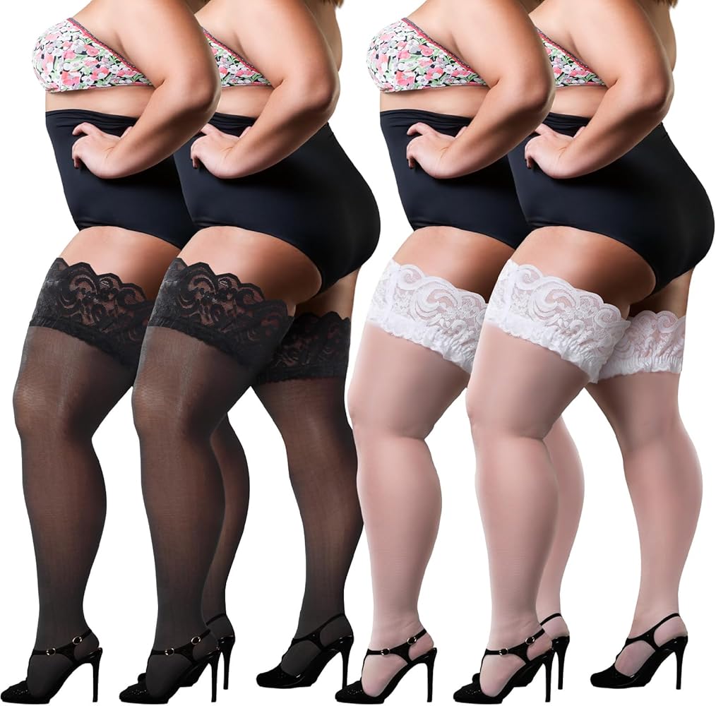 4 Pairs of 3 XL Plus Size Thigh High Stockings Black White Nylon Lace Top Silky Pantyhose Semi Sheer Plus Size Hosiery for Women for Thick Thighs