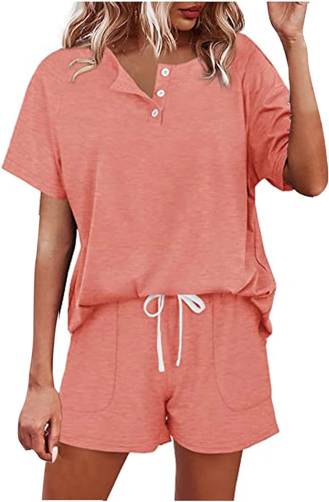 Womens Short Sleeve Sweatsuit Sets Casual Summer 2 Piece Lounge Set Henley Tops And High Waisted Drawstring Shorts Set