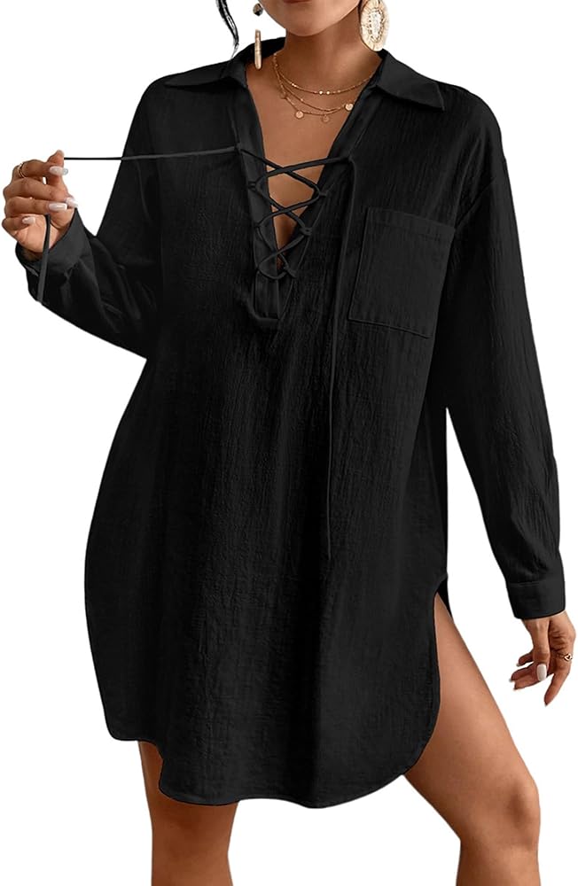 Bsubseach Women's Swimwear Cover Ups Long Sleeve Swimsuit Coverups Beach Shirt Dress Beachwear Black XL