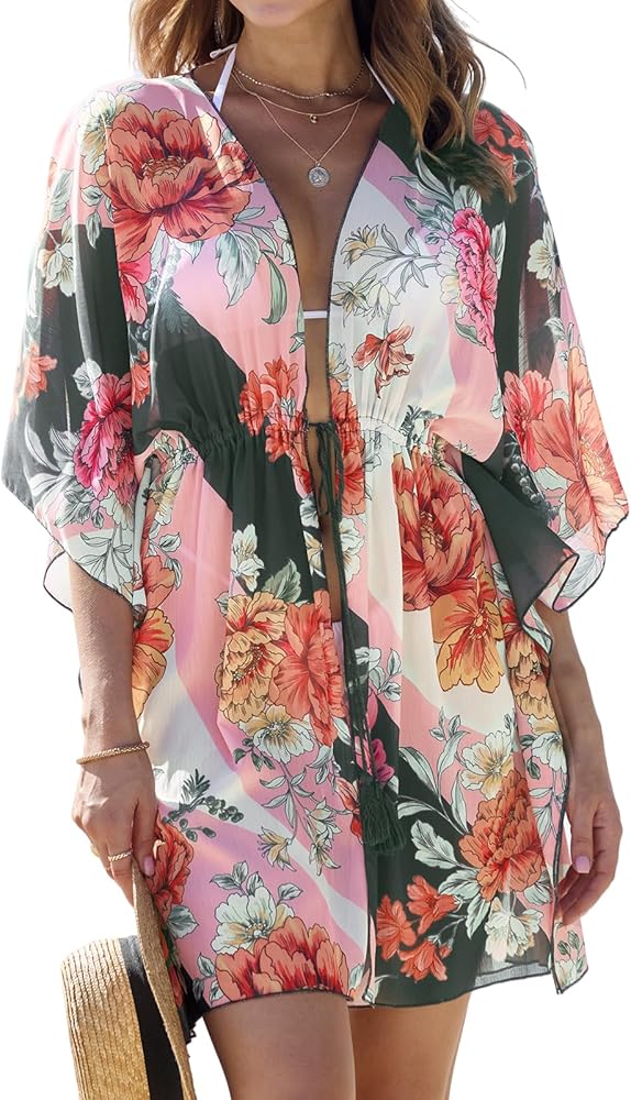 CUPSHE Women's Floral Chiffon Kimono Cardigans Short Sleeve Drawstring Loose Beach Cover Ups