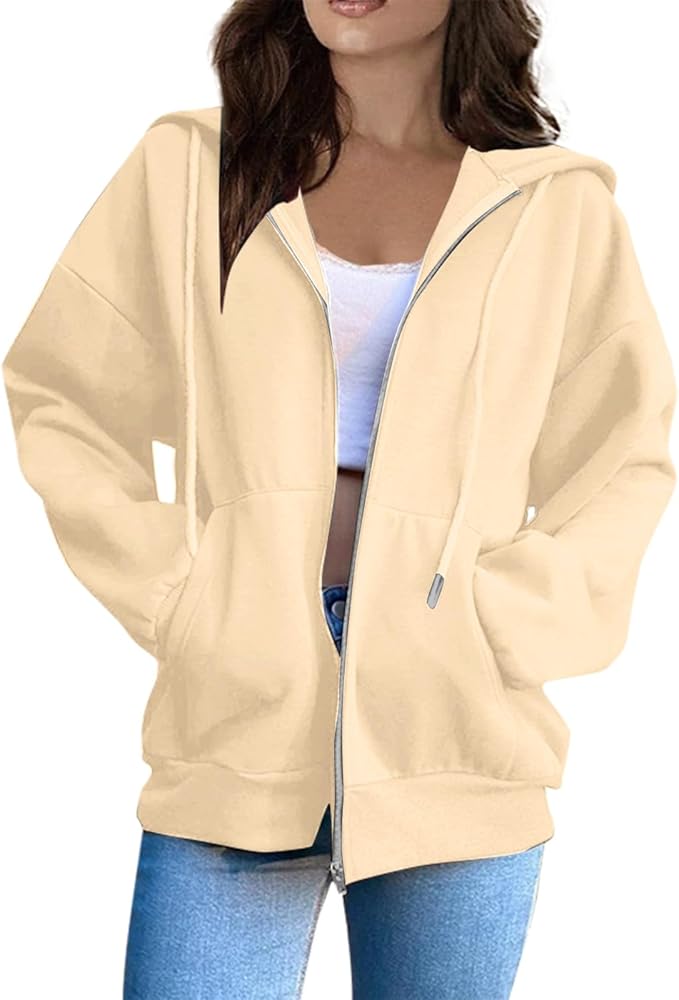 Women's Trendy Jackets 2023 Casual Fashion Solid Color Long Sleeved Zippered Hooded Sweatshirt Coats Jacket, S-3XL