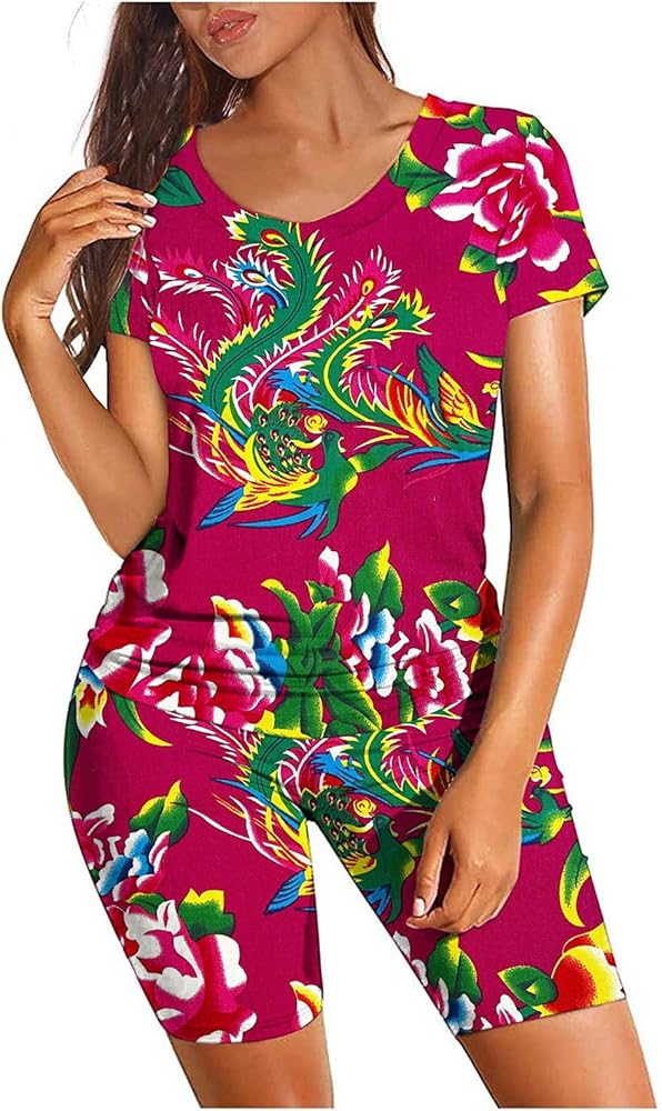 Chinese Ethnic Yoga Sets Women Funny Big Floral 2Pcs Outfits Summer Short Sleeve T-Shirts and Shorts Workout Set