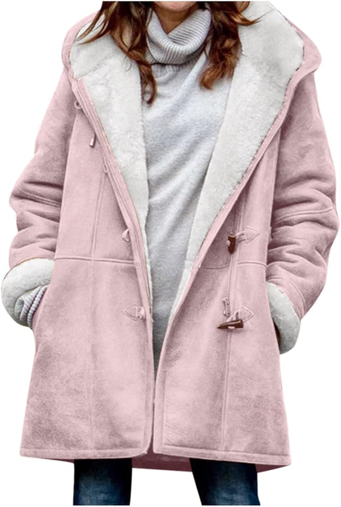 Winter Coats For Women, Casual Fashion Loose Solid Color Hat Plus Fleece Collar Pocket Jacket Womens Long Coats Christmas Dress Jacket Women Black Fur Capes Jacket Vest Coat (S, Pink)