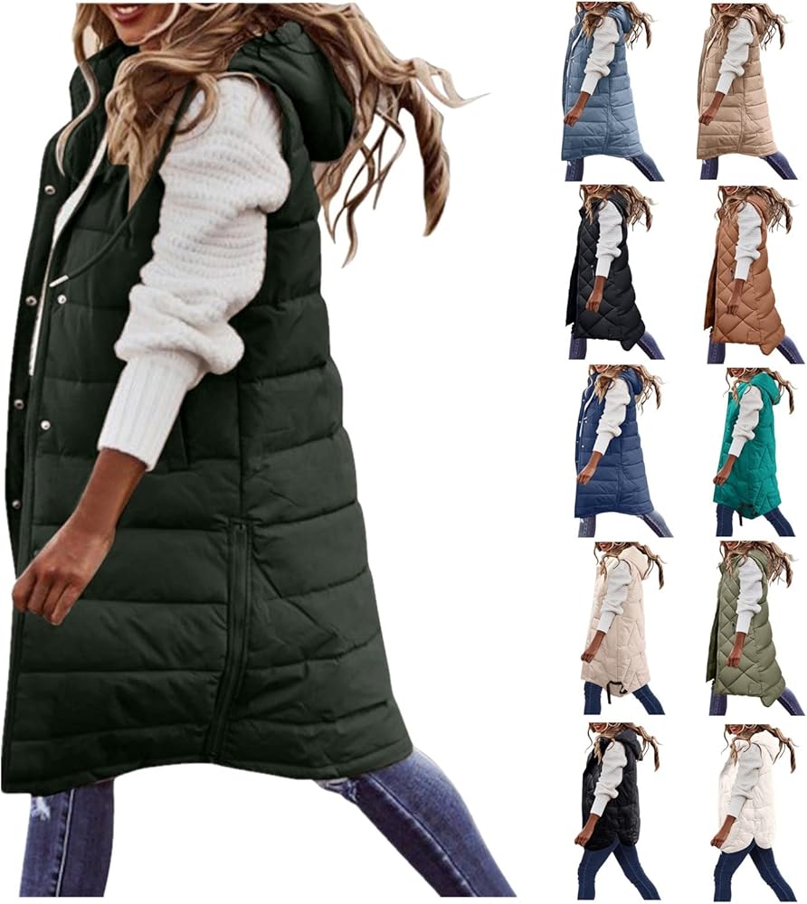 Long Puffer Vest Jackets for Women Plus Size Packable Quilted Down Vests with Detachable Hood Winter Lightweight Hooded Coat