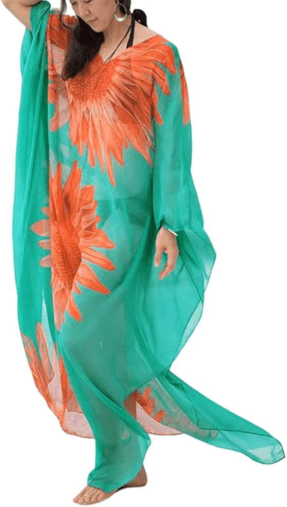 Women's Printed Long Caftans Swimsuit Cover Up Loungewear Ethnic Kaftan Maxi Beach Dress Swimwear Beachwear