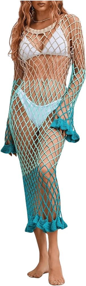 Women's Crochet Cover Up Long Sleeve Mesh Fishnet Beach Swimwear Cover Ups Dress