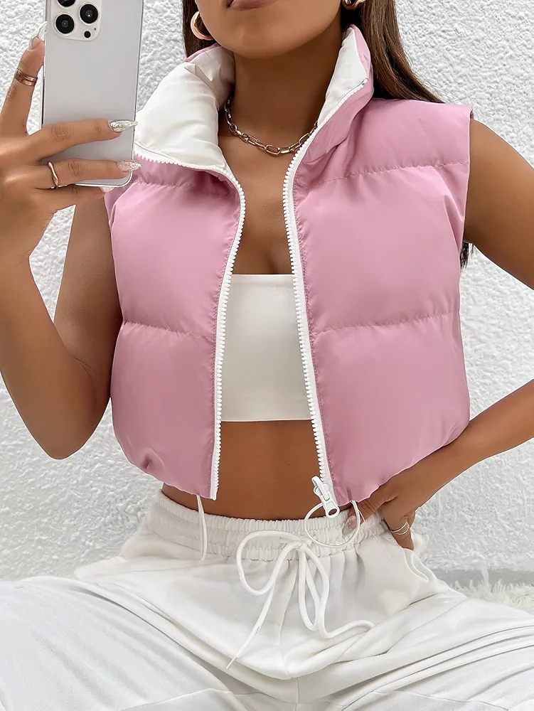 Women's Jackets Zip Up Drawstring Hem Crop Vest Puffer Coat Women Jackets (Color : Baby Pink, Size : Small)