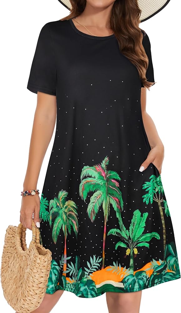 Summer Dresses for Women Casual Tshirt Short Sleeve Floral Sundress Beach Cover Ups with Pockets